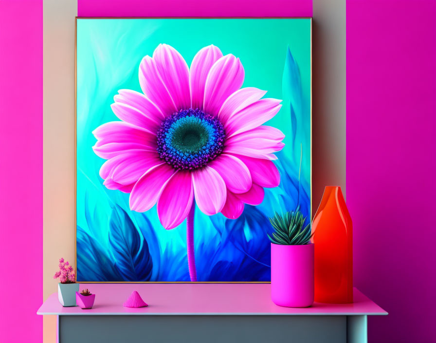 Colorful digital painting of a pink flower on blue background with pink shelf, red vase, and plants