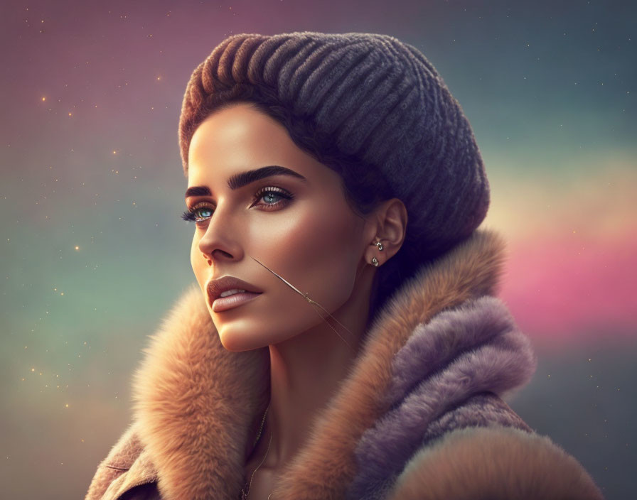 Portrait of woman with blue eyes in fur collar & knit cap against pastel sky