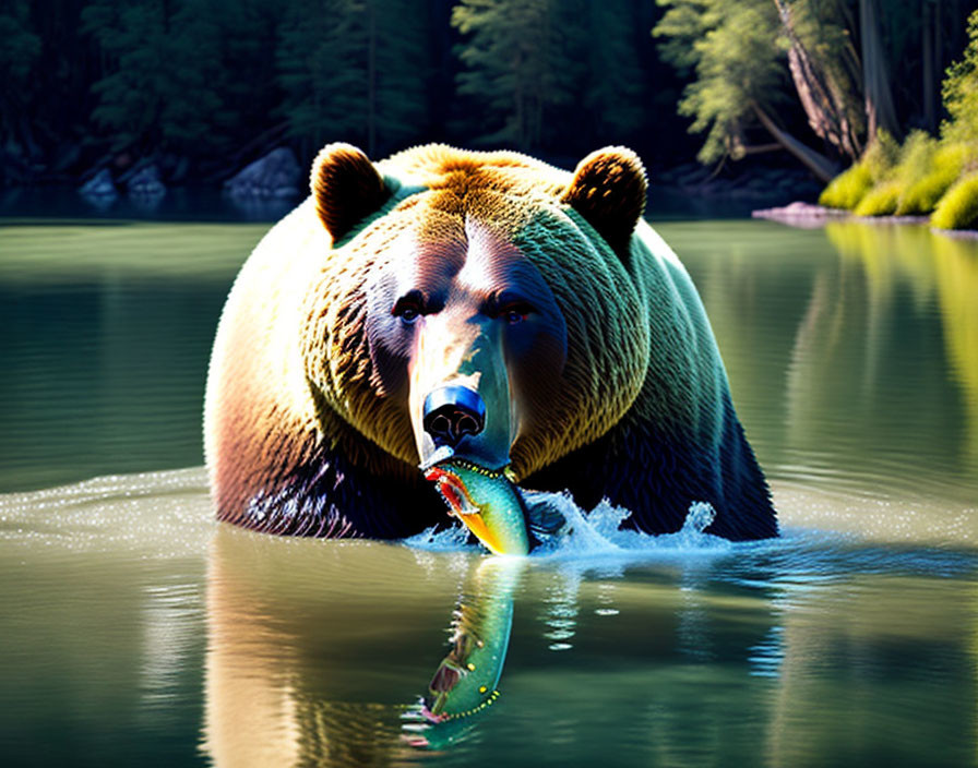 Brown bear catching fish in tranquil sunlit water forest scene