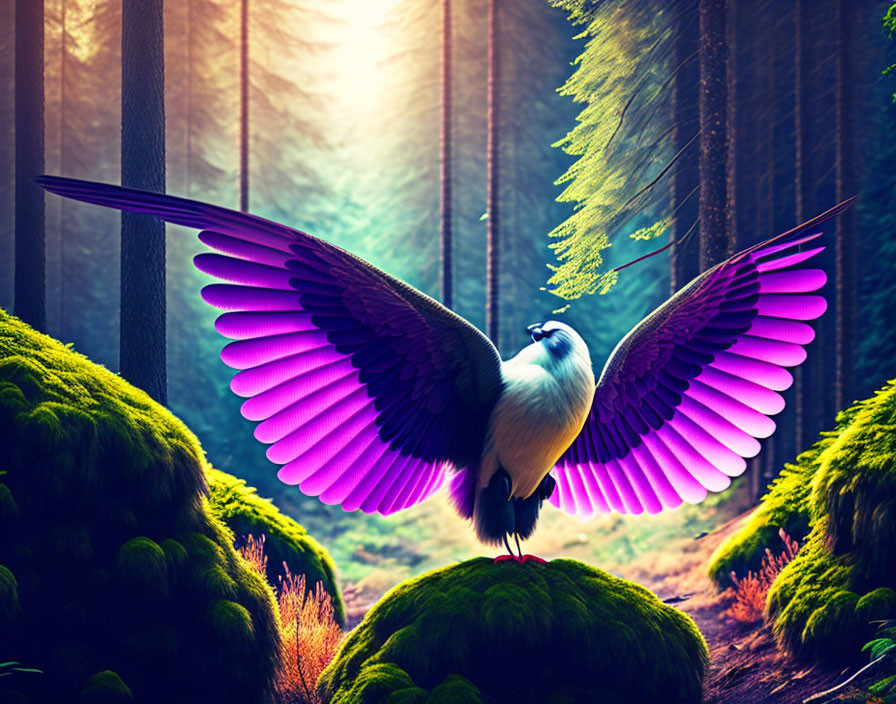 Vibrant purple-winged bird in mystical forest scene