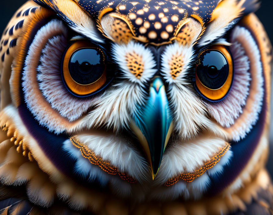 Colorful owl with orange eyes and intricate feather patterns