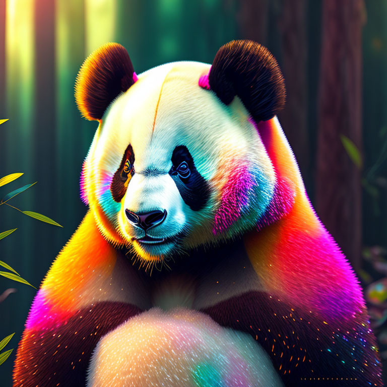 Colorful Panda in Rainbow Hue amidst Bamboo Forest