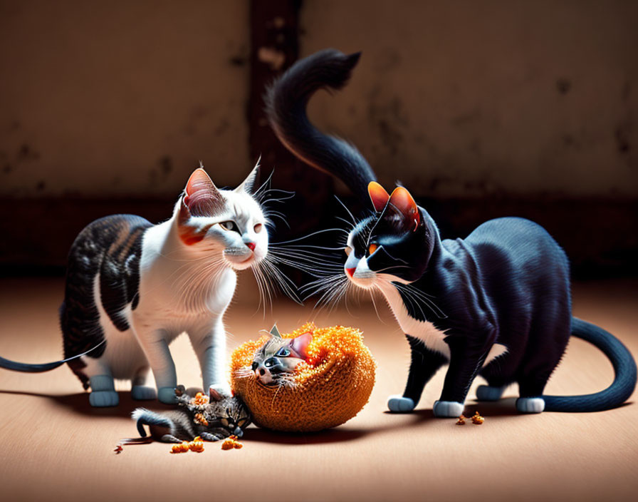 Curious cats with toy mouse on hamburger bun and burger ingredients.