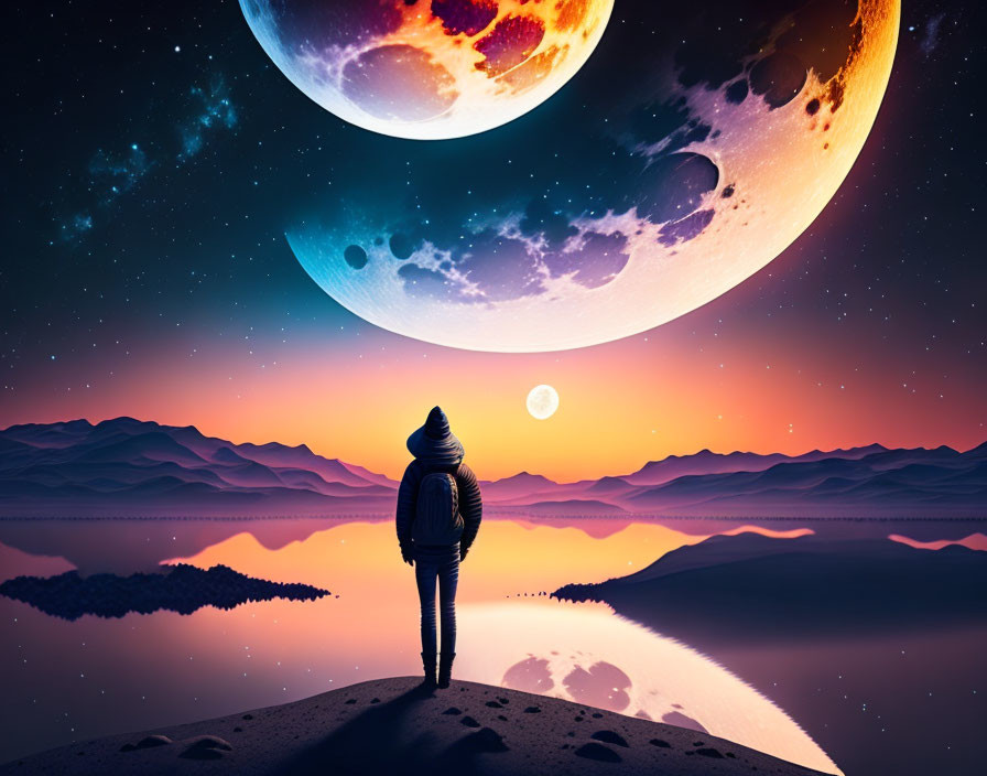 Person admires surreal twilight scene with two moons over tranquil lake and layered mountains.