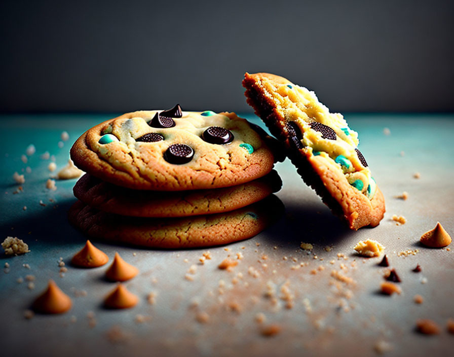 Chocolate Chip Cookies Stack with Melted Chocolate Chips and Crumbs