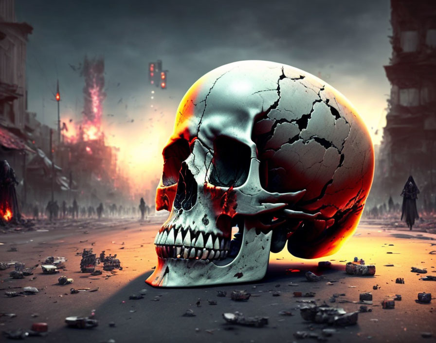 Cracked skull in dystopian landscape with destroyed buildings