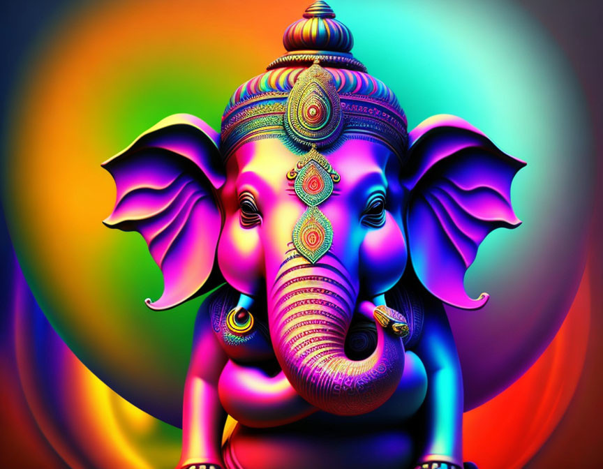 Colorful Stylized Elephant Artwork with Elaborate Decorations