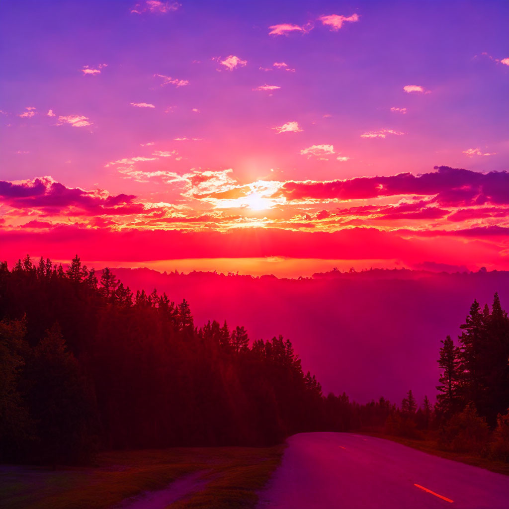 Pink and Purple Sunset with Sun Beams Over Winding Road