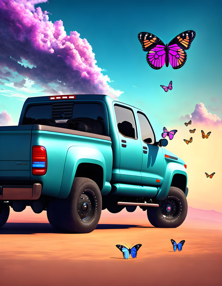 Teal pickup truck at sunset with butterflies on sandy surface