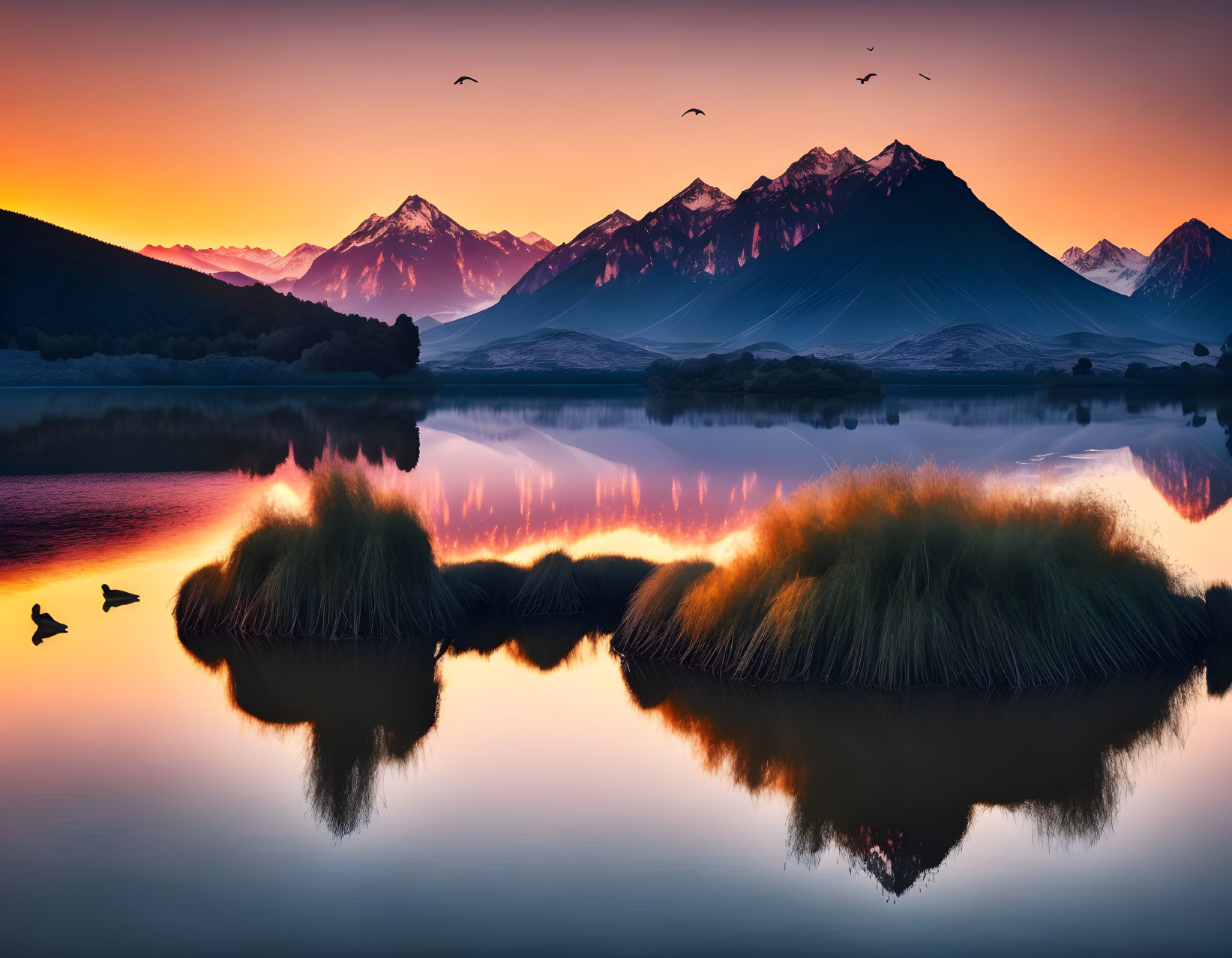 Scenic sunrise over tranquil lake with mountain reflection, vibrant sky, birds, ducks, and island grass