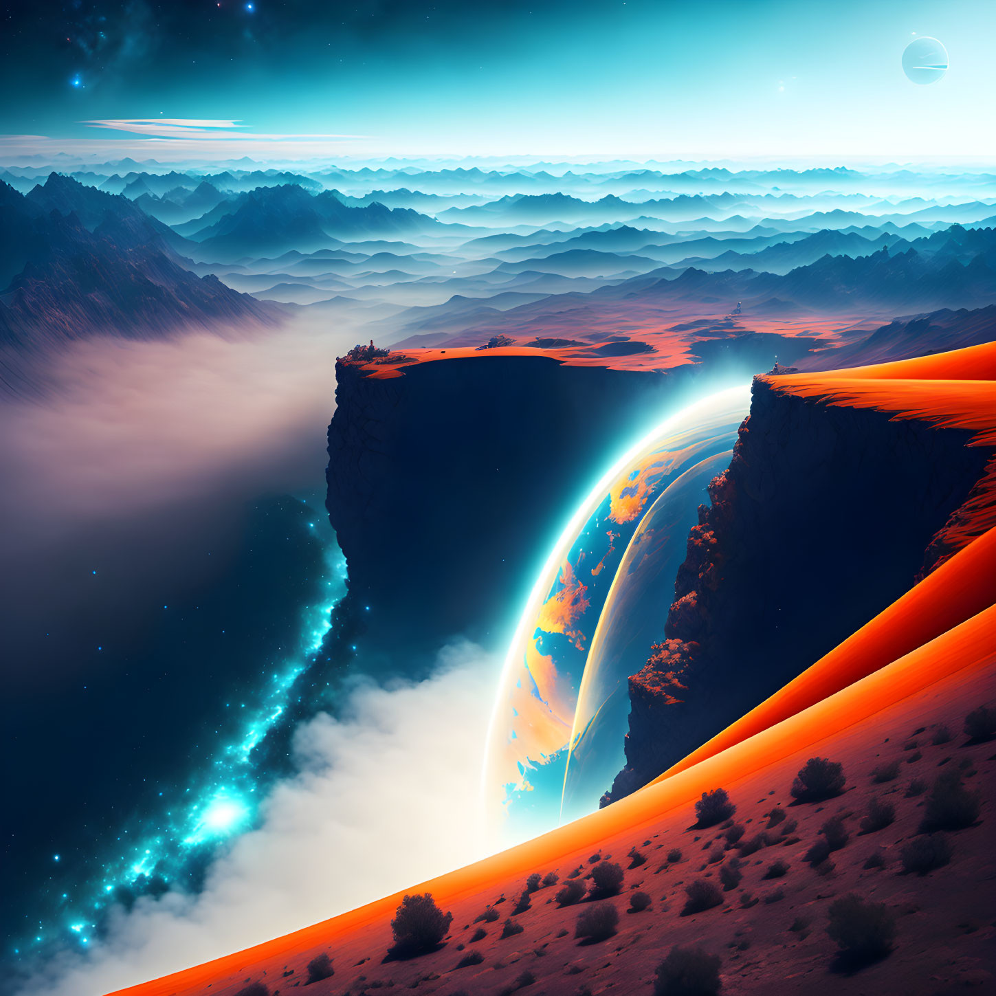 Vibrant cliffs and celestial body in surreal landscape