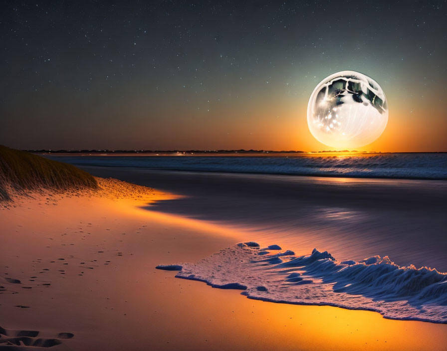 Twilight beach scene with starry sky and glowing moon