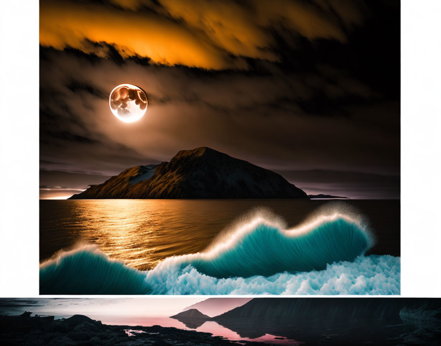 Composite image: Glowing moon, dark clouds, vibrant wave, mountain silhouette