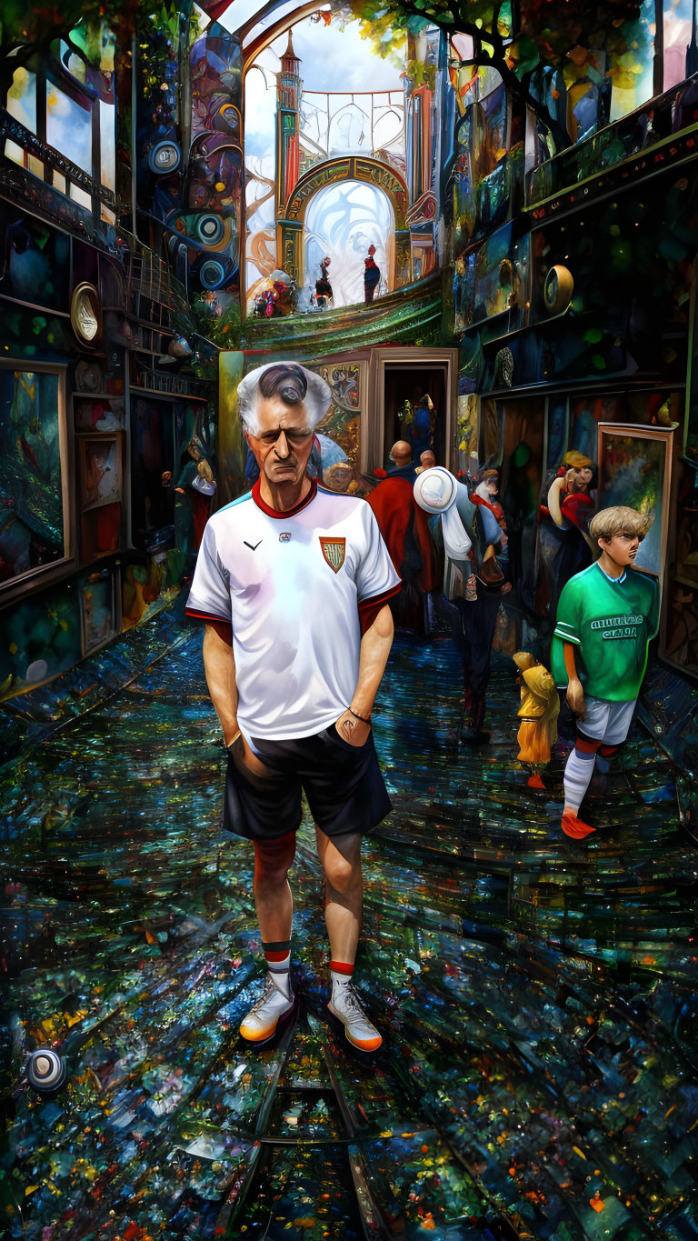 Colorful artwork: man in sports jersey in surreal hallway with diverse characters.