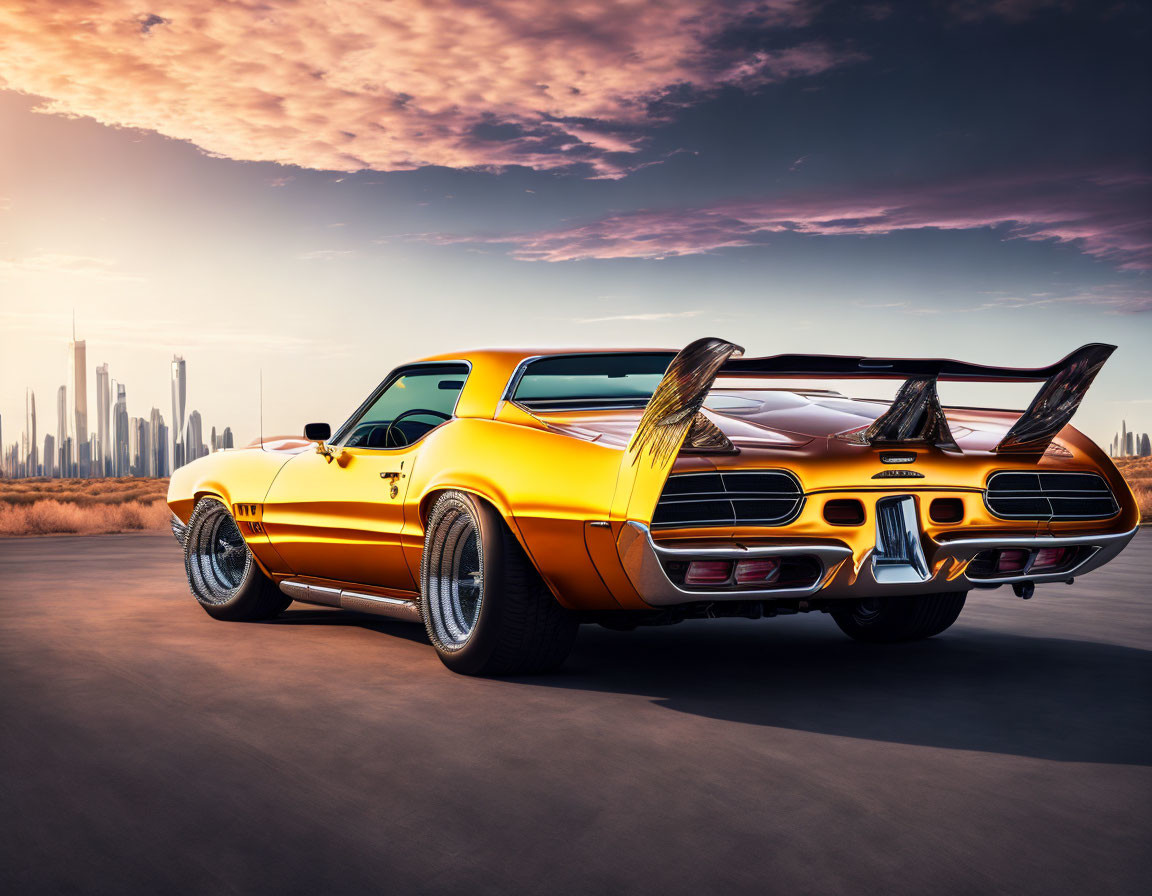 Yellow Sports Car with Large Rear Wings on Road at Sunset