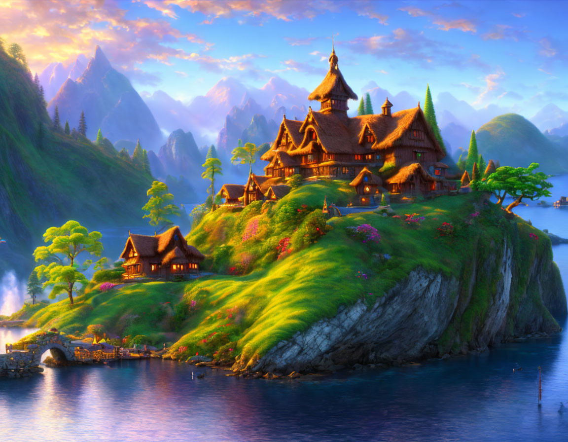 Idyllic village on lush cliff overlooking tranquil lake at sunset