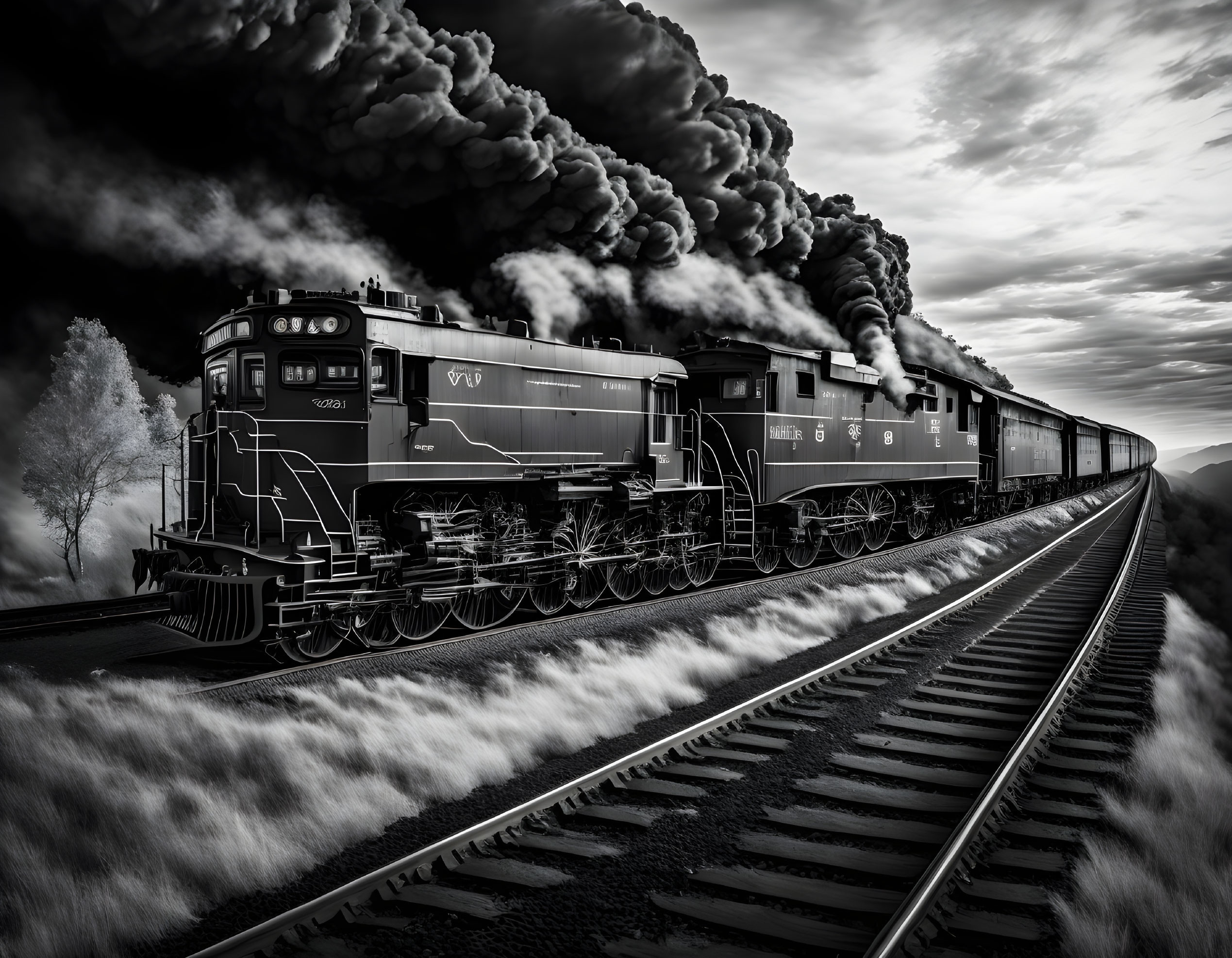 Vintage steam locomotive on railroad tracks under dramatic sky