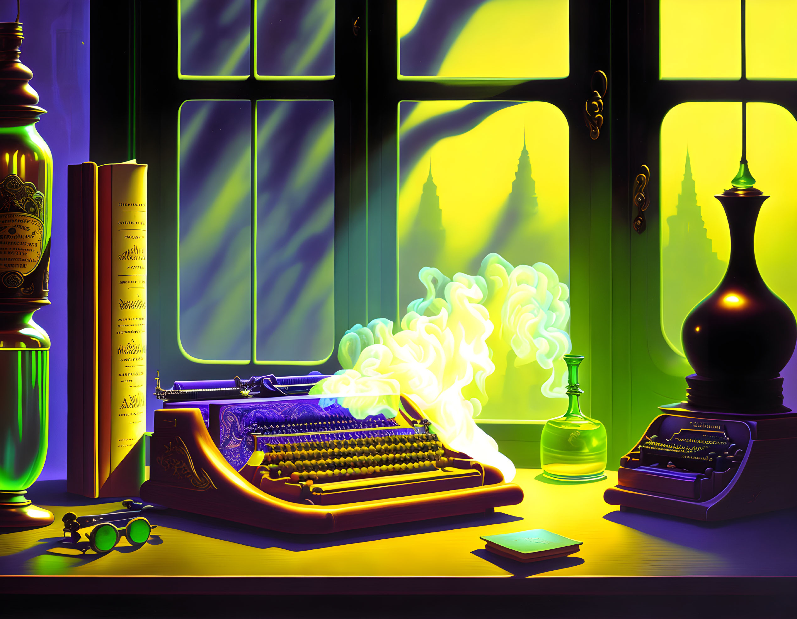 Vintage workspace illustration with typewriter, books, inkwell, quill, glasses, and castle silhouette