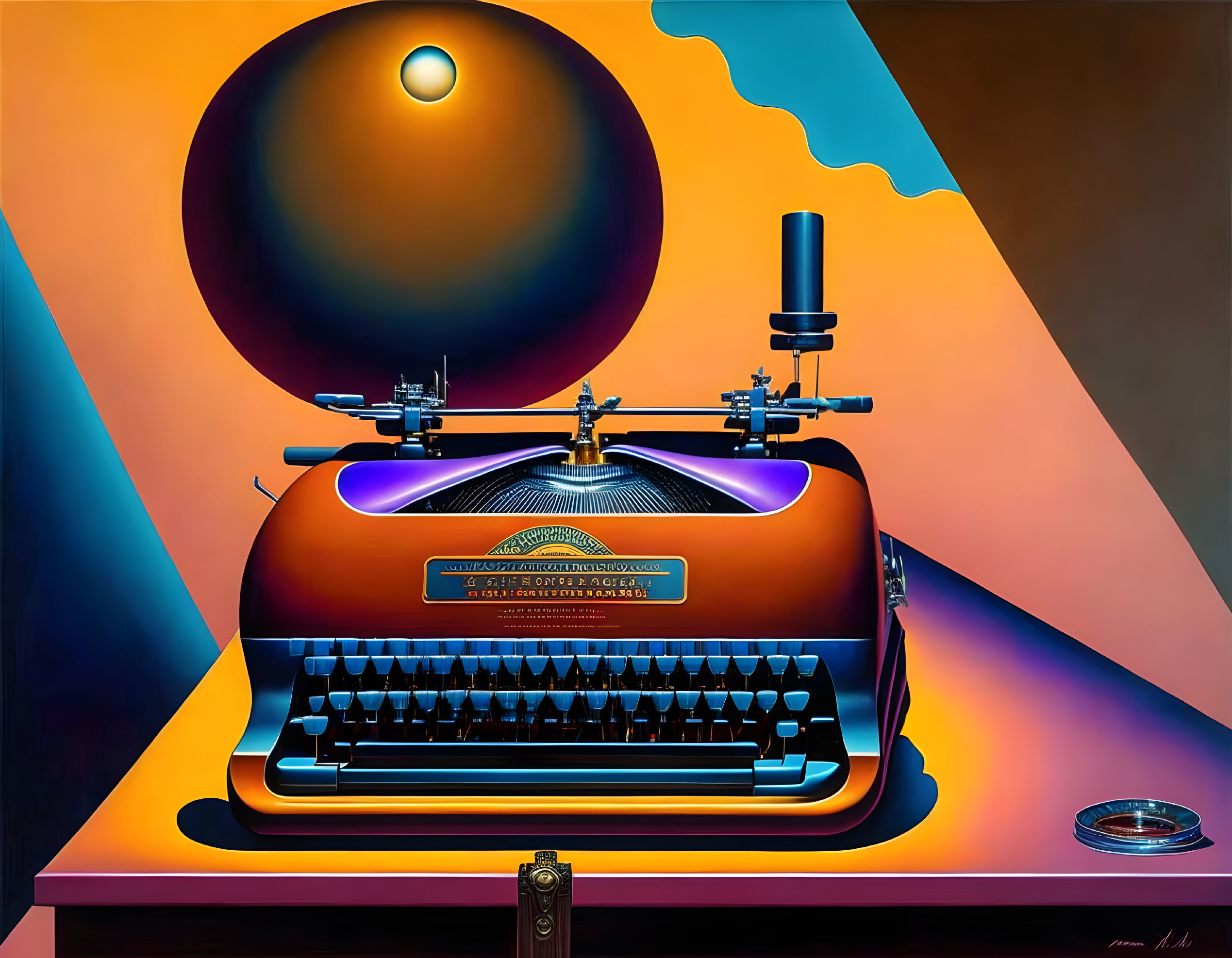 Colorful surrealist painting with typewriter, glowing orb, and wavy backdrop.