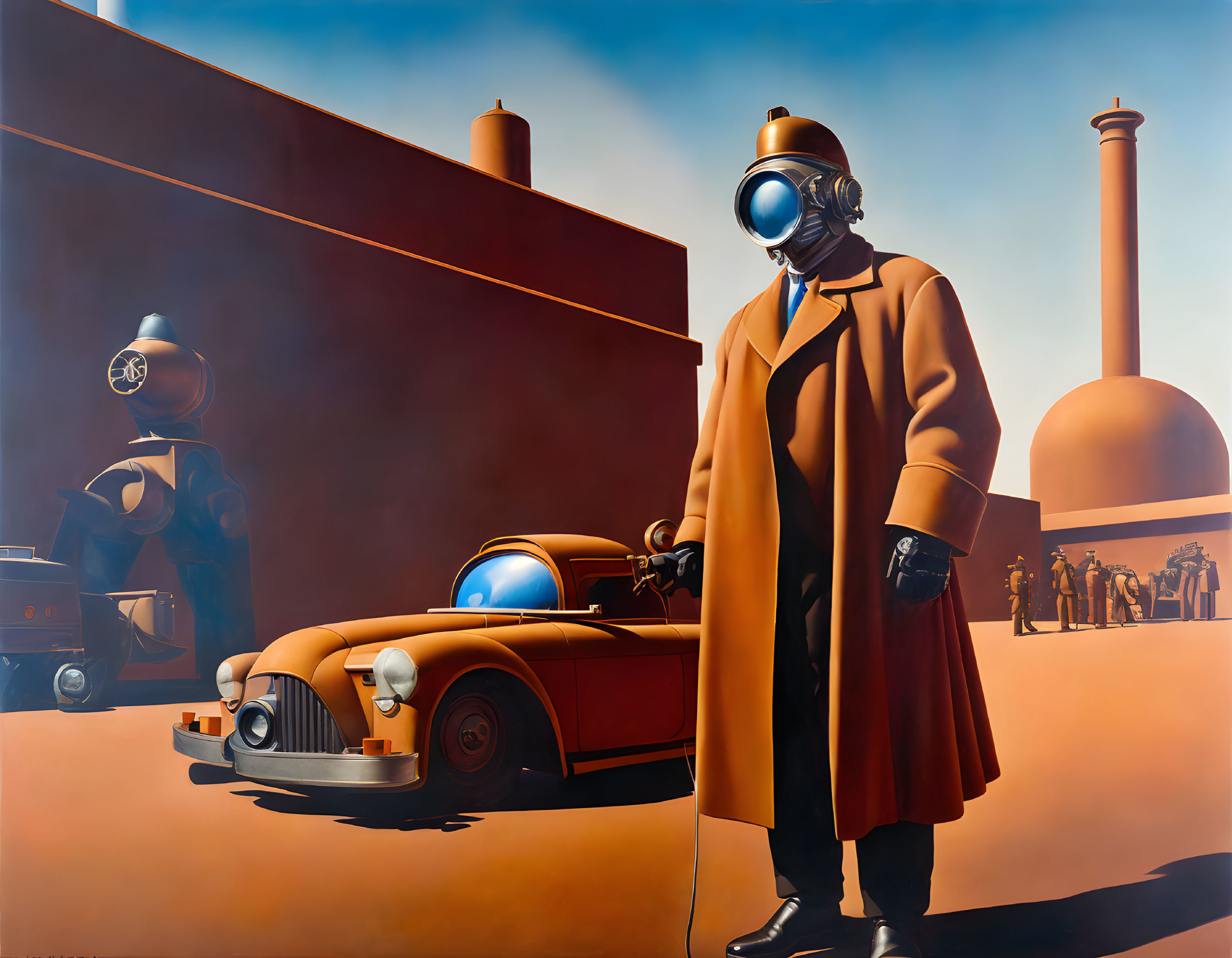 Vintage car and figures in gas masks near industrial chimneys.