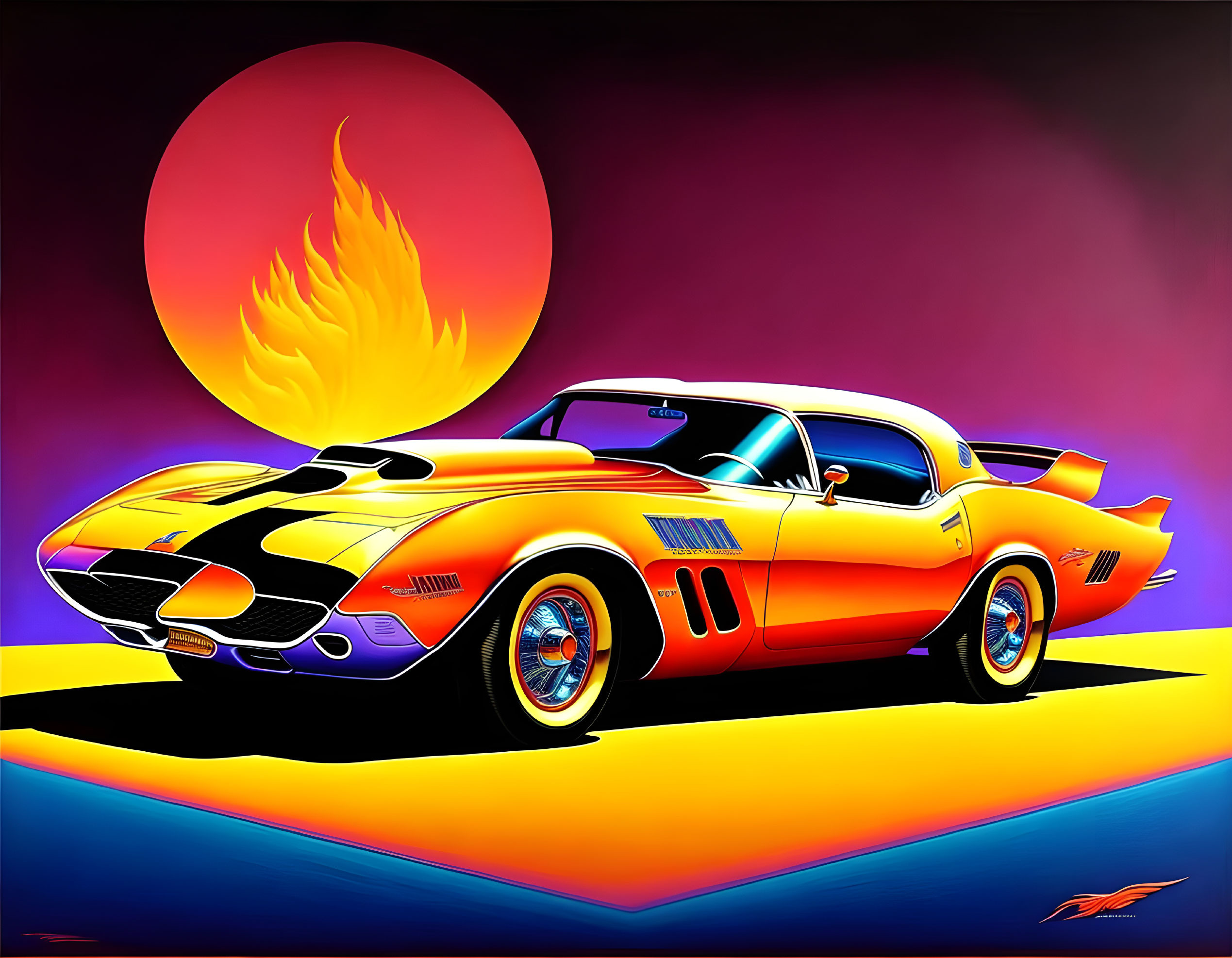 Colorful Classic Corvette Illustration with Flaming Sun Background