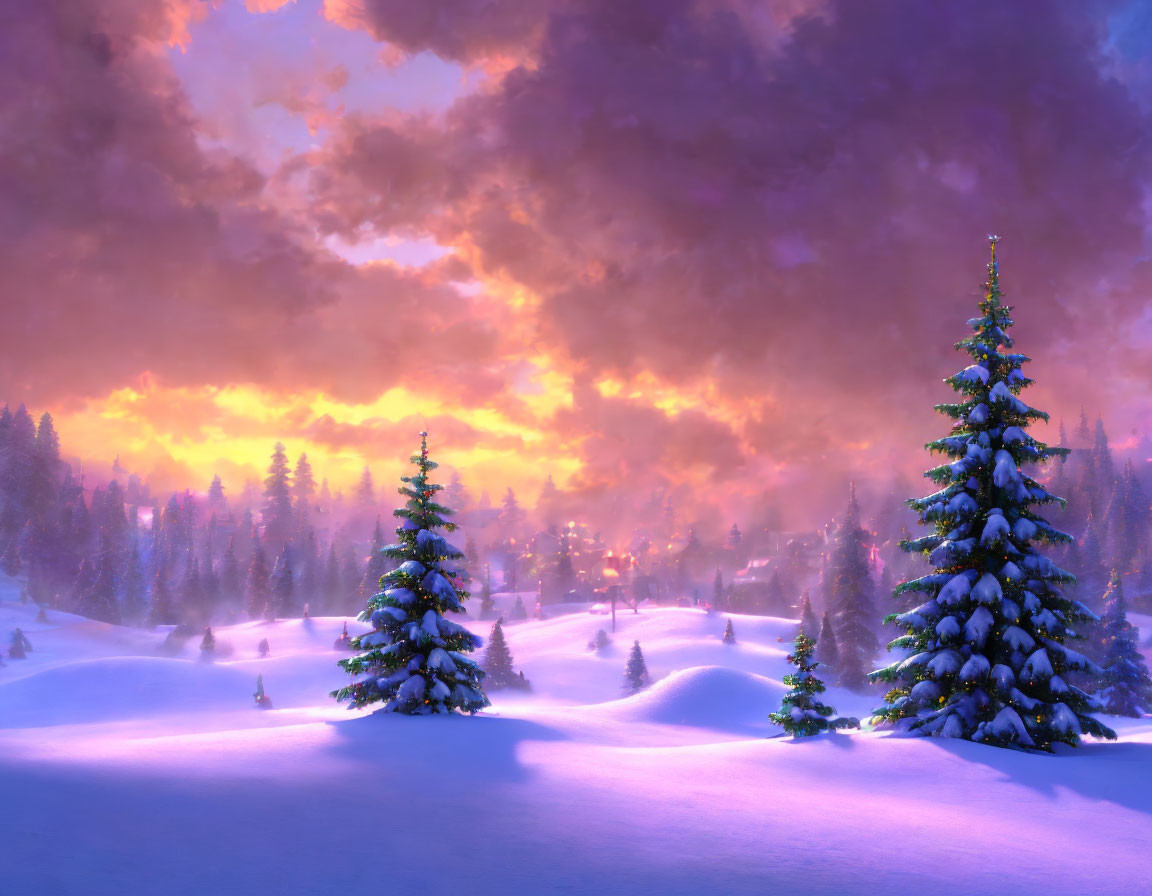 Snow-covered winter landscape at sunset with orange and purple sky