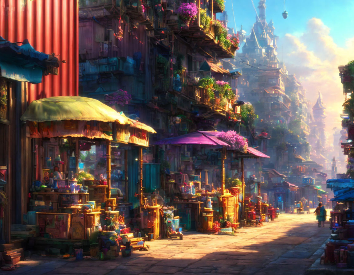 Colorful market stalls in a vibrant, sunlit street of a fantastical city