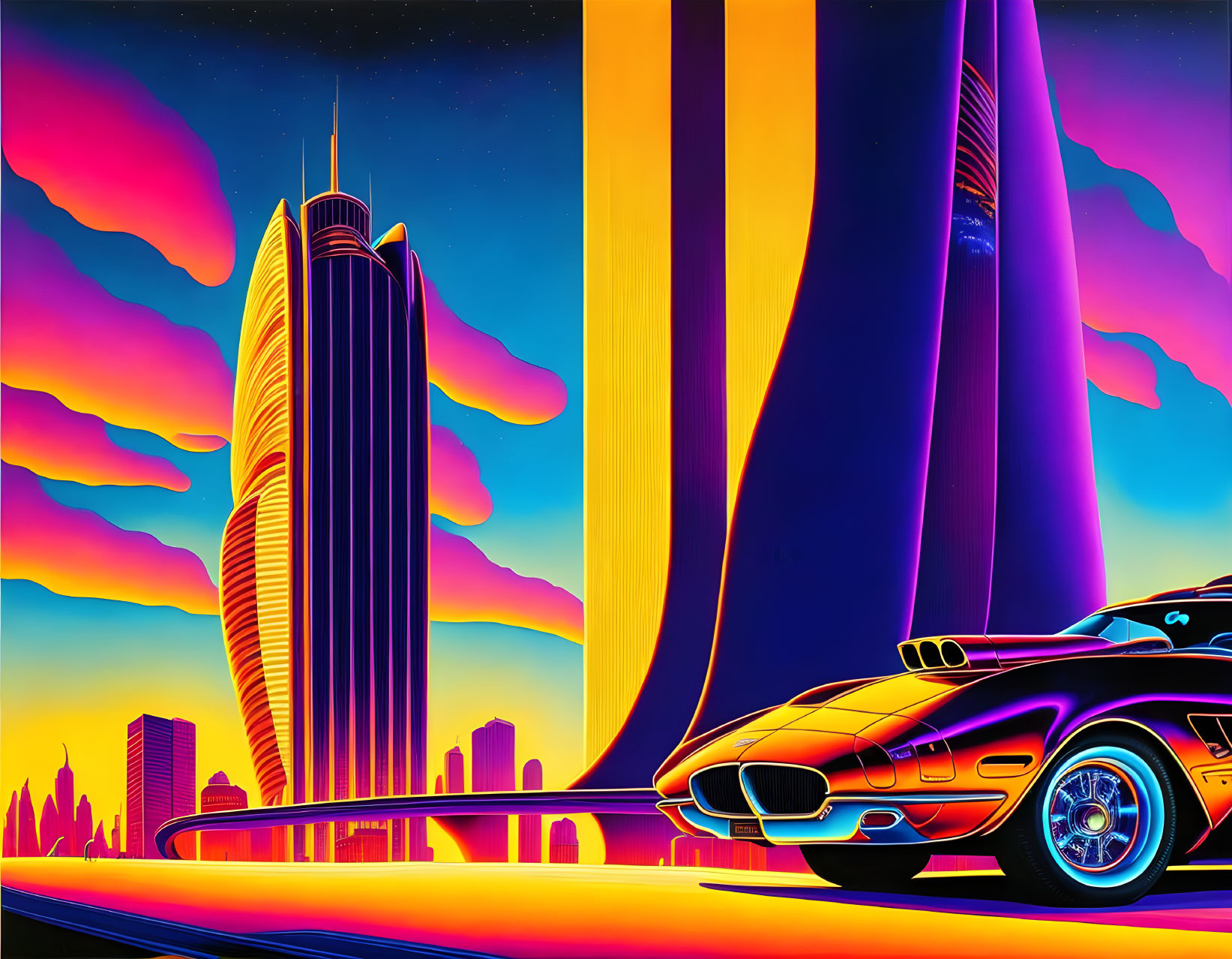 Vibrant purple and orange retro-futuristic cityscape with skyscrapers and classic car.