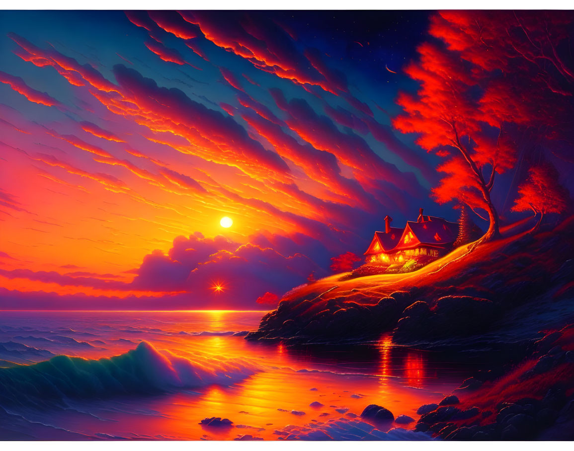 Colorful sunset over ocean with fiery clouds, illuminating cliffside cottage.