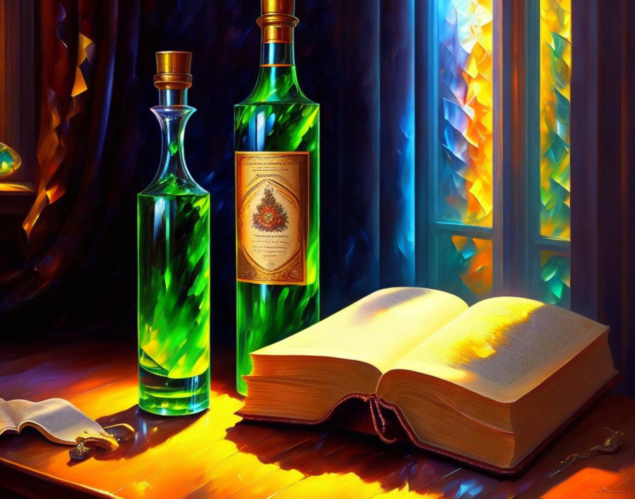 Open book and glasses on table with colorful glass bottles, illuminated by sunlight through stained glass.