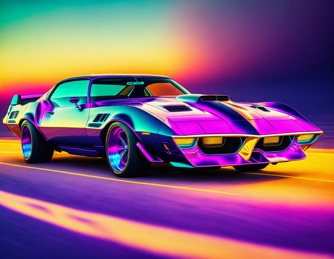 Colorful Classic Corvette with Custom Neon Paint Job at Sunset