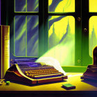 Vintage workspace illustration with typewriter, books, inkwell, quill, glasses, and castle silhouette