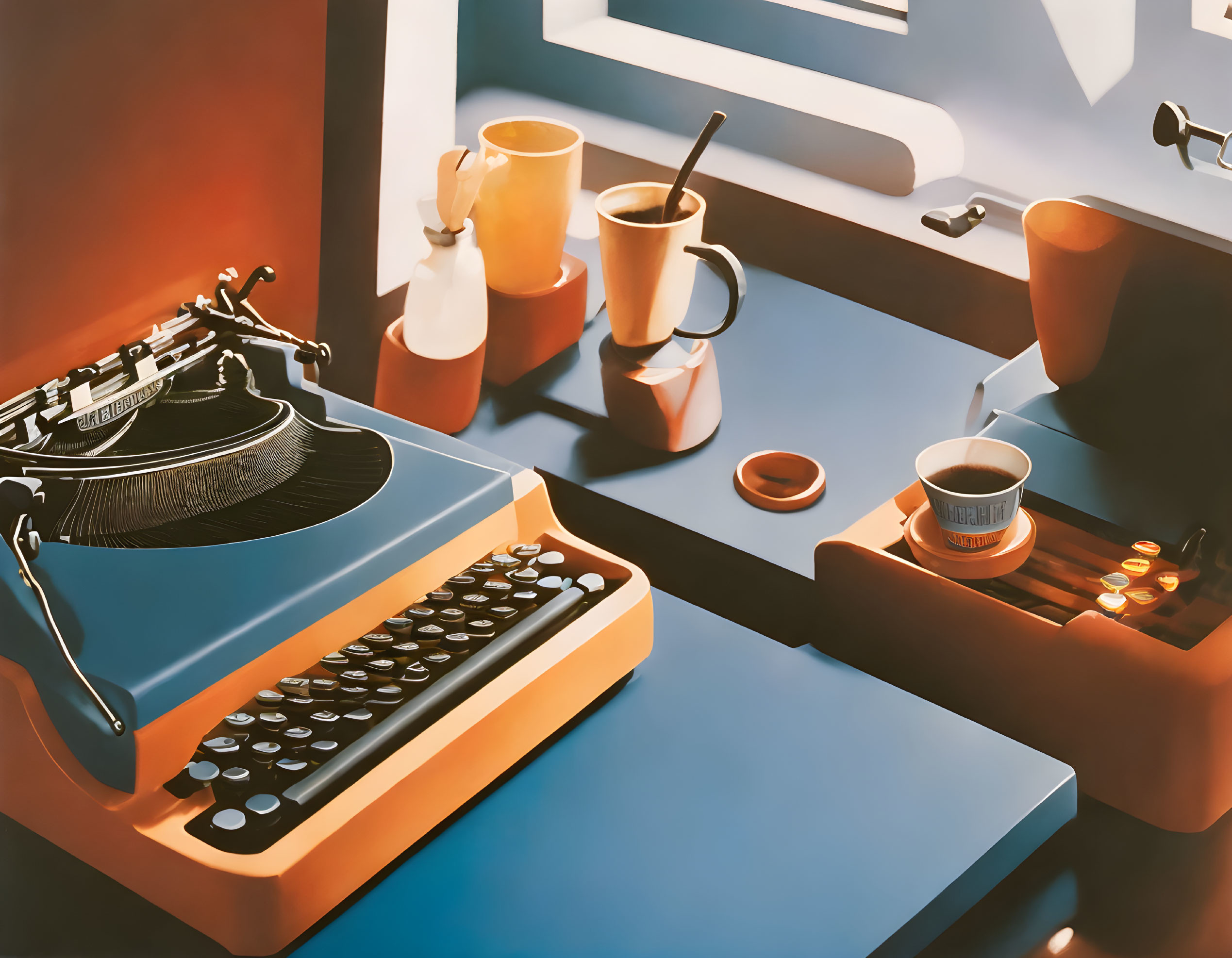 Vintage Typewriter, Vinyl Record, Mugs, and Coffee Cup on Retro Desk