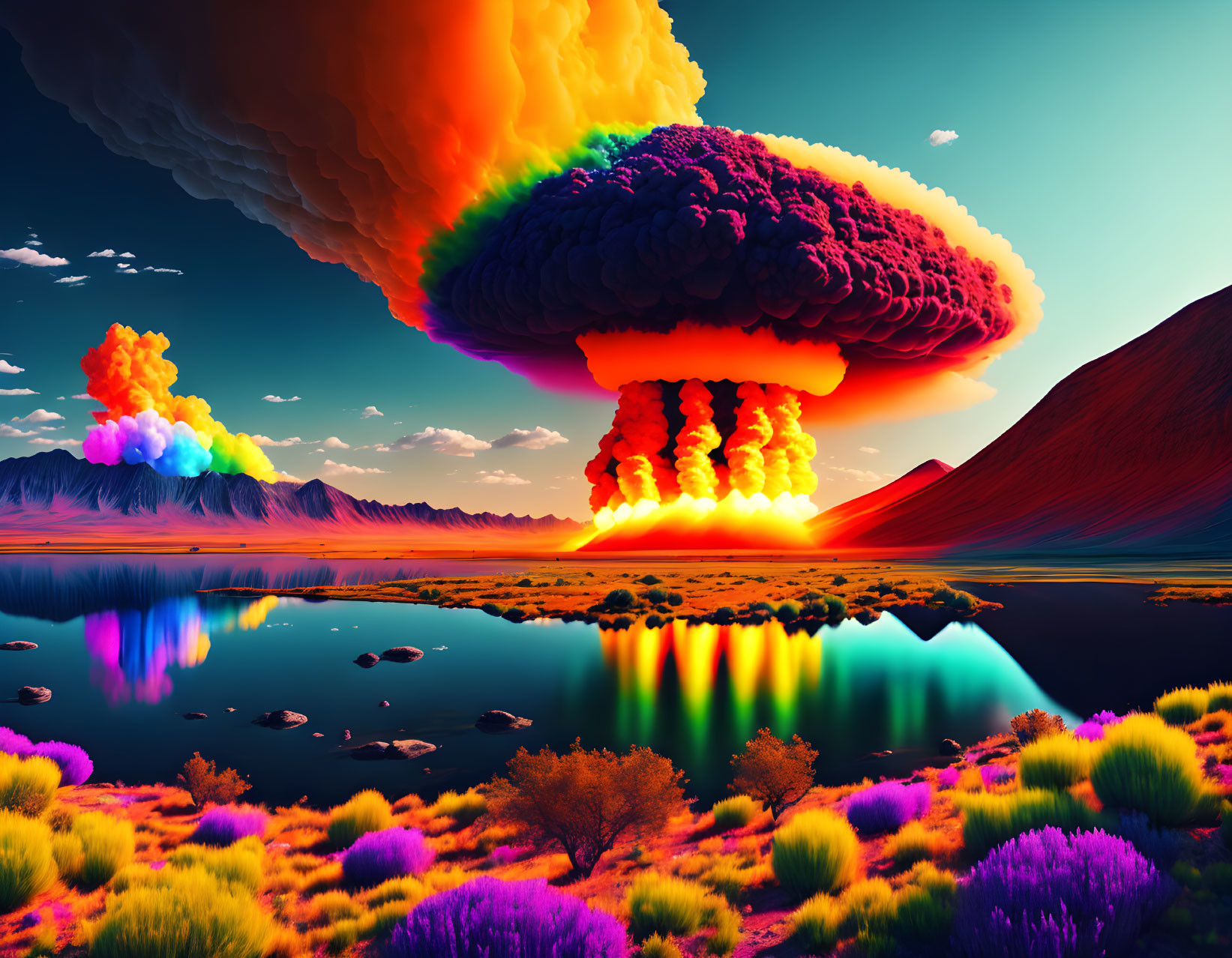 Colorful Mushroom Cloud Explosion Reflected in Tranquil Lake