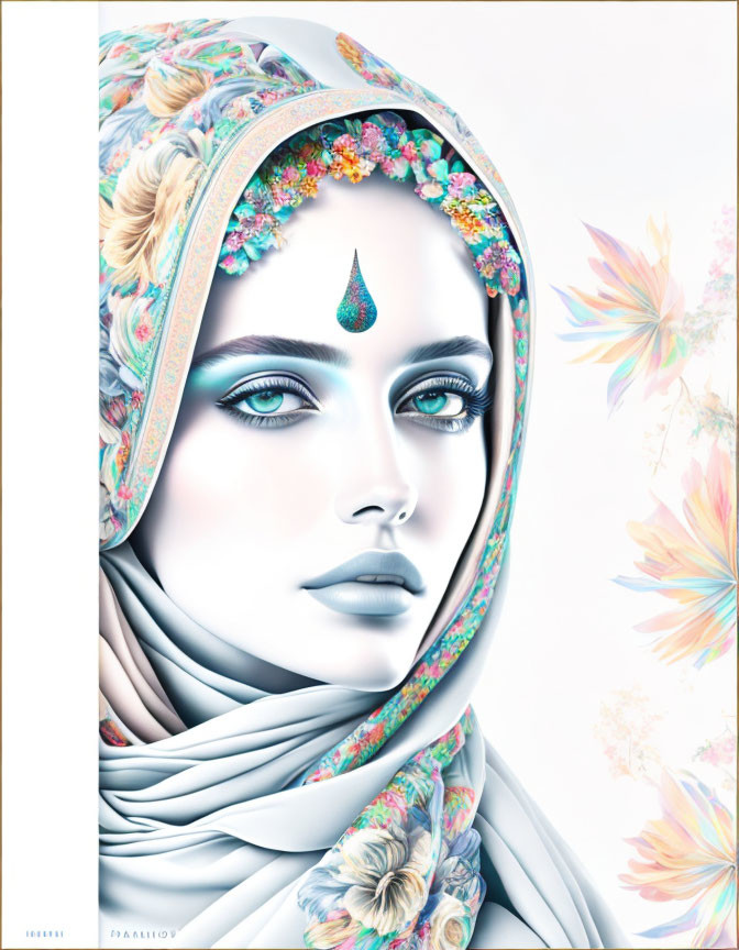 Portrait of woman with blue eyes and floral hijab in pastel tones