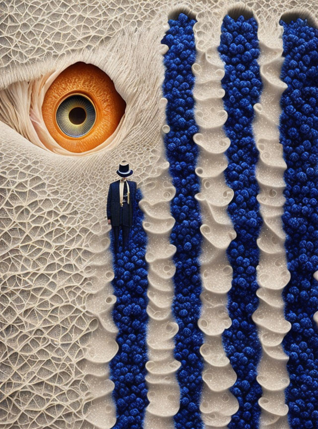 Surreal composite image: man in bowler hat, giant eye, blueberry textures