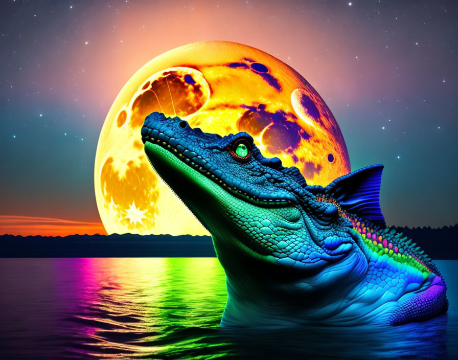 Colorful Crocodile Artwork with Moon and Starry Sky