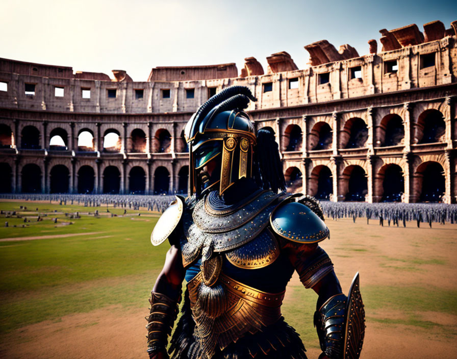 Armored gladiator in front of Colosseum and crowd