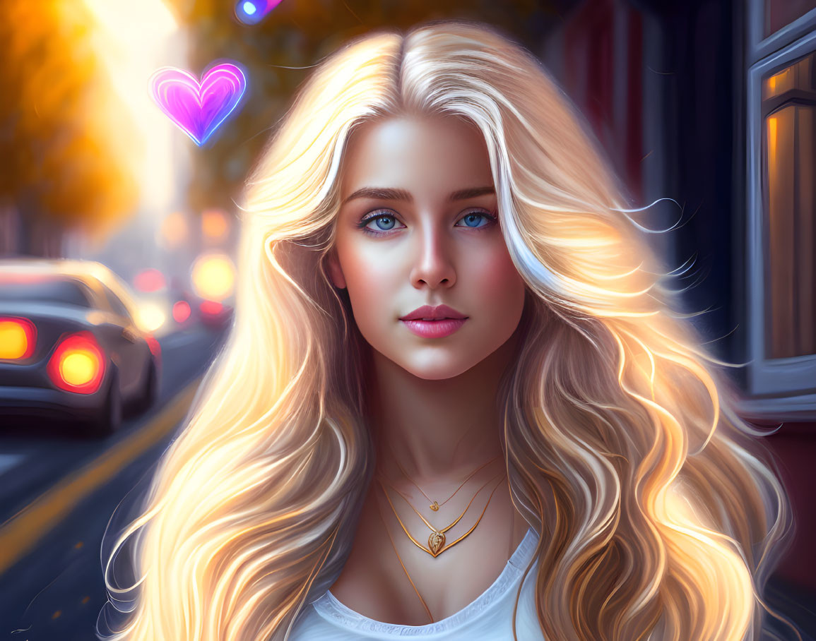 Blonde Woman Portrait with Blue Eyes in City Setting