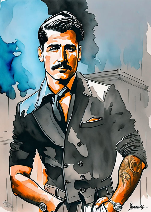 Man with Classic Hairstyle, Suit, Tattoos, and Blue Smoke Background