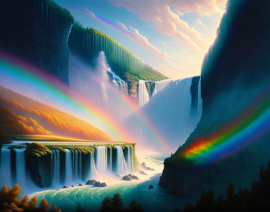 Fantastical landscape with cascading waterfalls and vibrant rainbows