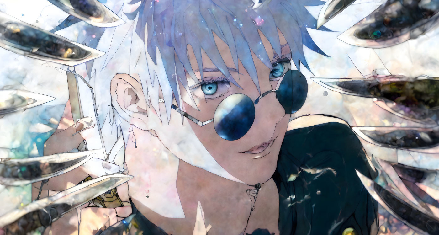 White-Haired Anime Character in Round Sunglasses Surrounded by Reflective Objects