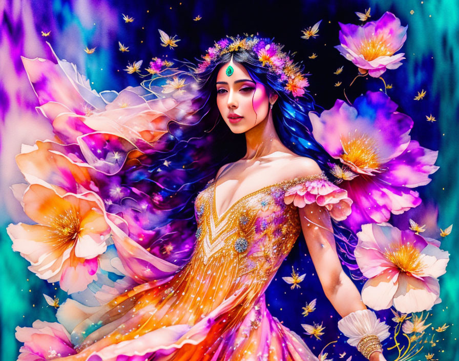 Colorful floral fantasy art with woman surrounded by flowers