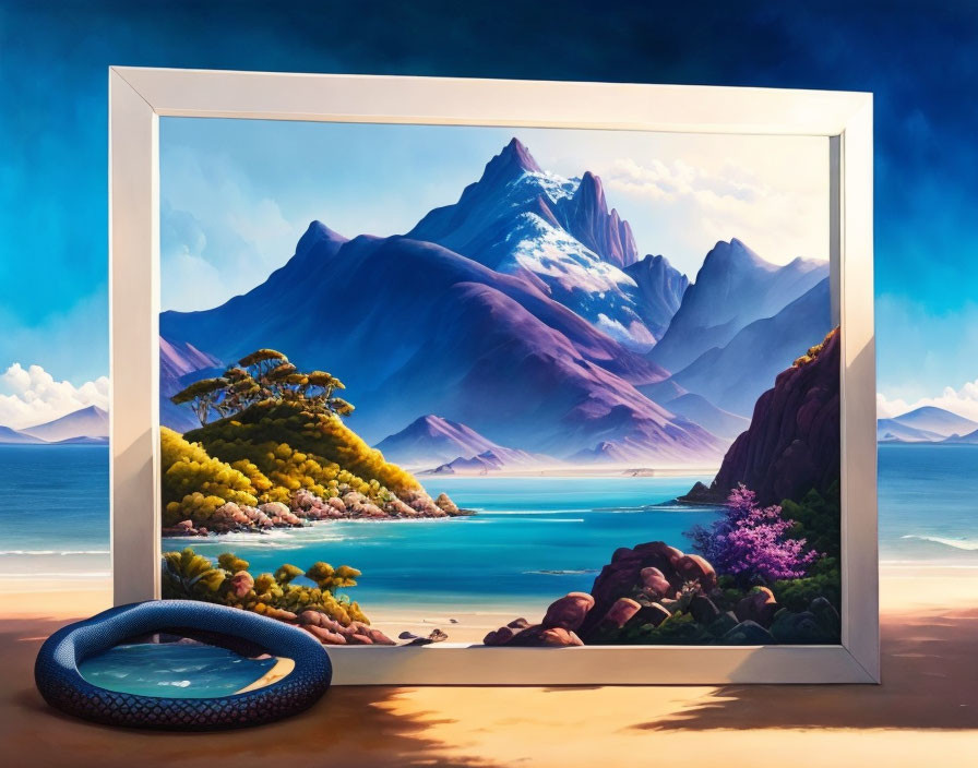 Surreal painting of tranquil landscape with mountains, lake, colorful foliage, and tire