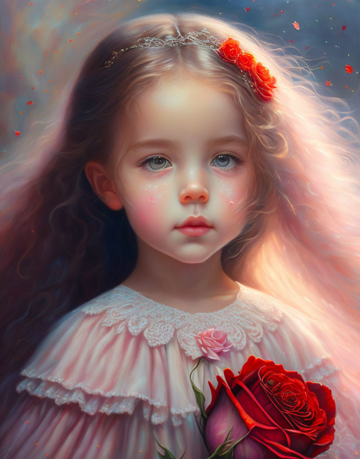 Young girl with tiara and red rose, dreamy expression, pink dress, and red sparks.