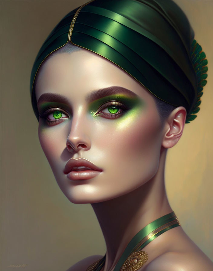 Vibrant green-eyed woman portrait with eyeshadow and headband