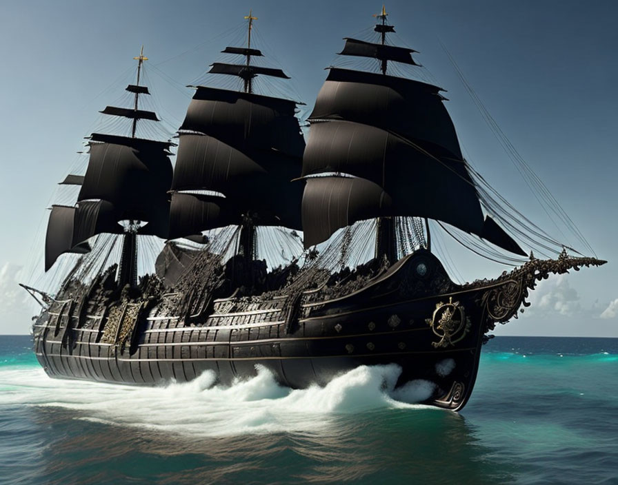 Traditional sailing ship with black sails on blue ocean