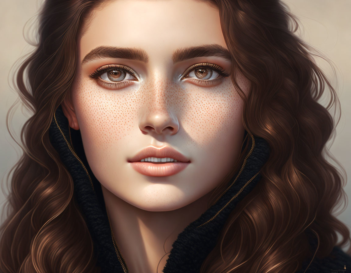 Digital portrait: Woman with wavy brown hair, freckles, brown eyes, in black hoodie