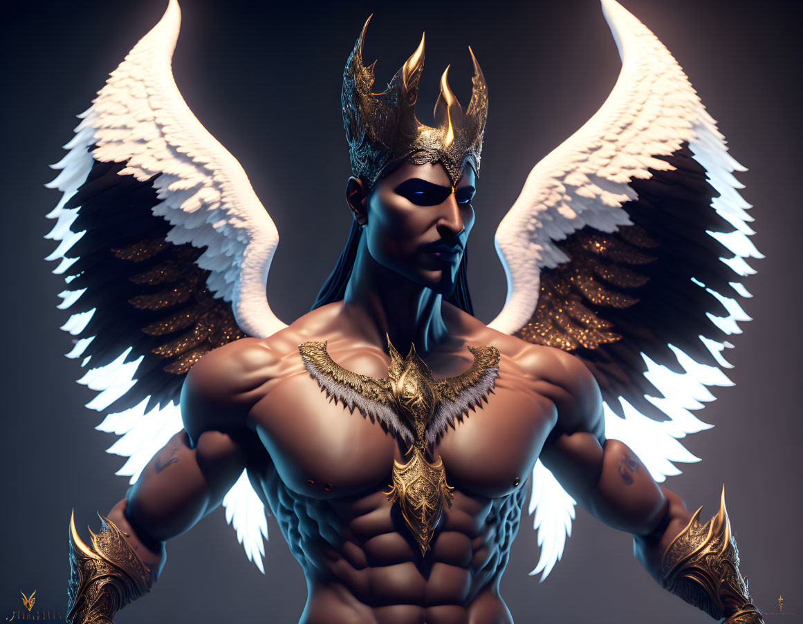 Muscular shirtless character with white wings and golden avian-themed armor.