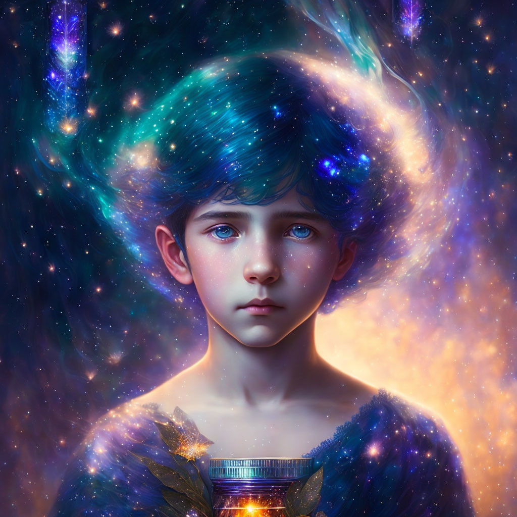 Child with Cosmic Features and Galaxy Hair in Space Scene